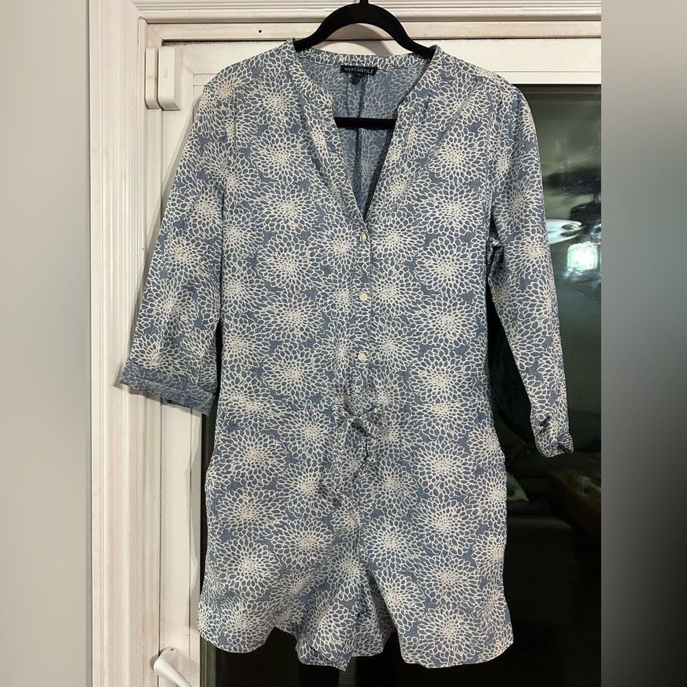 Three-quarter sleeve printed denim romper
